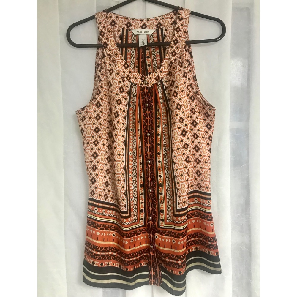 White House Black Market Orange Geometric Print Sleeveless Button Blouse M